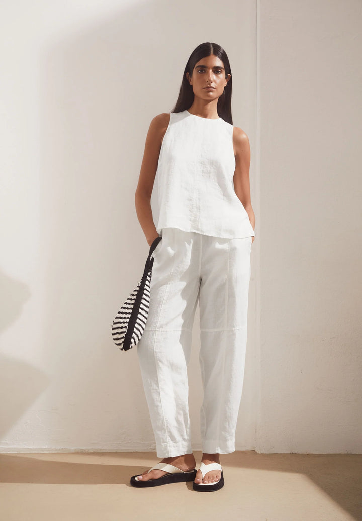 PURE LINEN PULL ON BARREL PANT WHITE