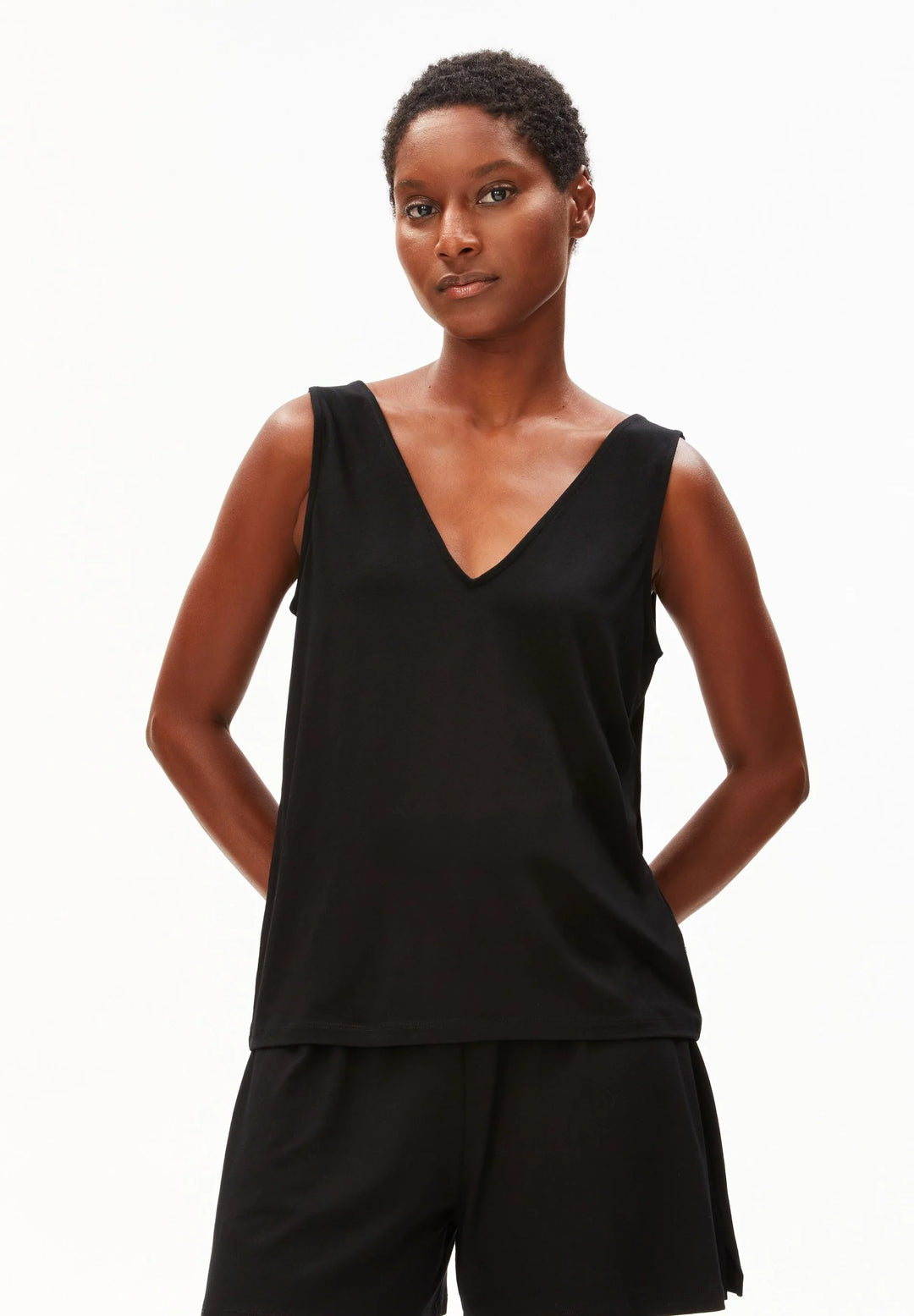 V-NECK JERSEY TOP SVARTUR