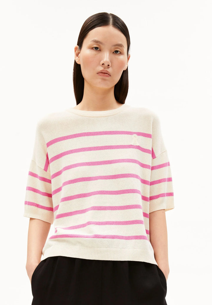 STRIPED LINEN BLEND SWEATER UNDYED-WASHED BERRY