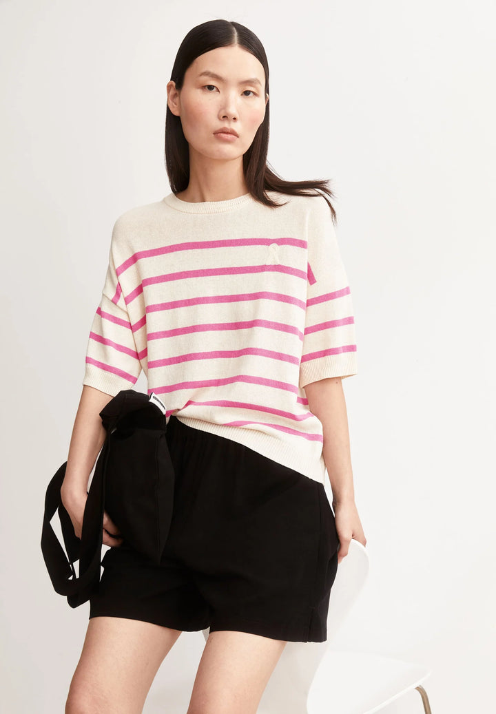 STRIPED LINEN BLEND SWEATER UNDYED-WASHED BERRY