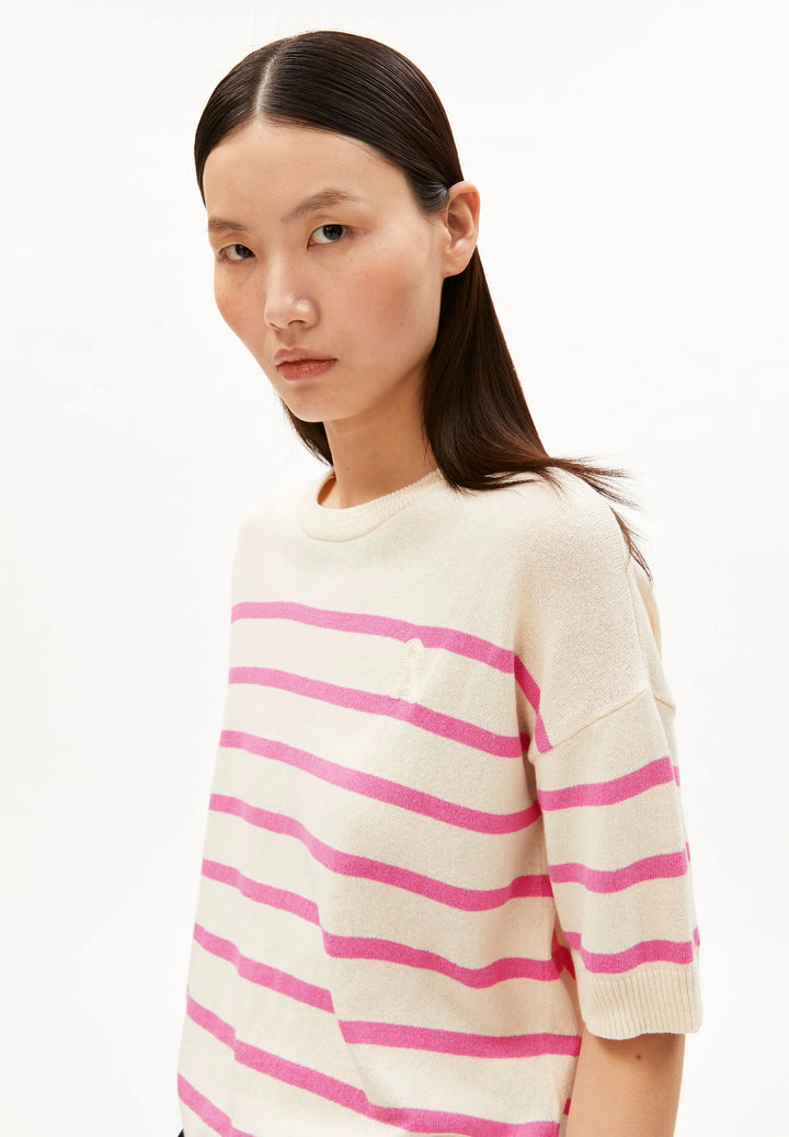 STRIPED LINEN BLEND SWEATER UNDYED-WASHED BERRY