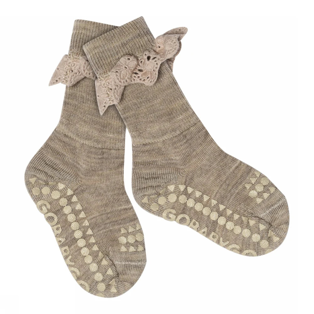 Sokkar úr merino ull með stoppi og pífu - Light brown melange